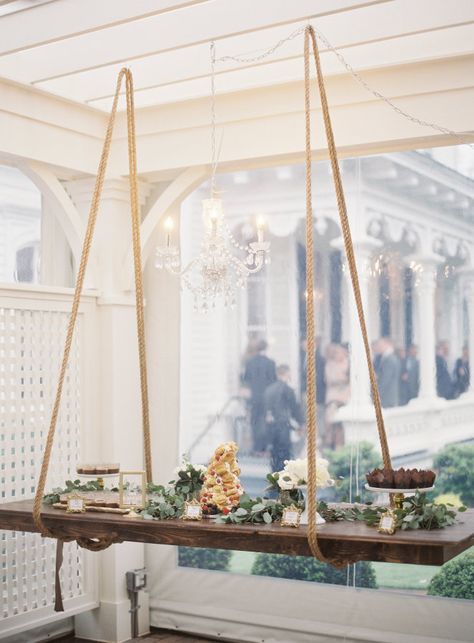 Pretty hanging dessert bar: http://www.stylemepretty.com/north-carolina-weddings/raleigh/2016/07/15/gorgeous-pastel-colored-wedding-in-north-carolina/ | Photography: Michael And Carina Photography - http://michaelandcarina.com/ Suspended Wedding Cake, Dessert Bar Wedding, Catering Display, Table Photography, Wedding Cake Table, Hanging Table, Tent Reception, Bar Wedding, Diy Event