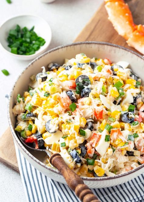 Cold Crab Salad, King Crab Salad, Salad With Black Olives, Black Olives Recipes, Salad With Olives, Mushroom Bites, Salad With Corn, Holistic Meals, Stuffed Mushrooms Easy