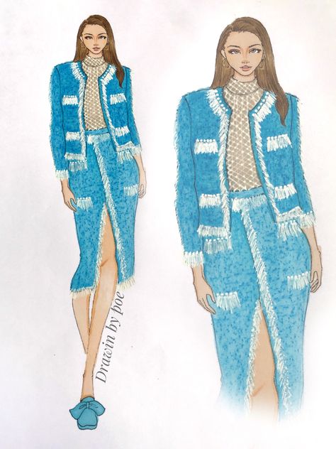 Tweed Fashion Illustration, Tweed Illustration, Illustration Diary, Fashion Illustration Portfolio, Tweed Fashion, Jacket Drawing, Fashion Model Sketch, Tweed Outfit, Sketch Fashion