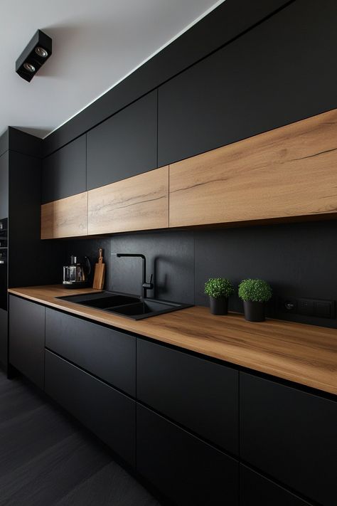 13 Sleek Black Cabinet Ideas for Your Kitchen - DreamyHomeStyle Black Kitchen Minimalist, Flat Black Cabinets, Scandi Black Kitchen, Black Lower Cabinets Kitchen, Ikea Kitchen Black And Wood, Black Wood Interior Design, Black Modern House Interior Design, Black Kitchen Wood Countertop, Modern Black Kitchen Cabinets