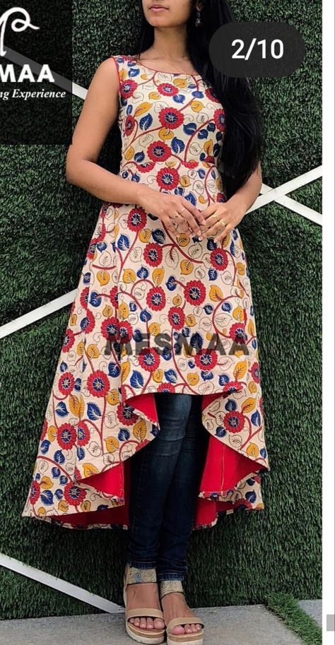 Neck Designs For Ikkat Kurtis, High And Low Kurti Design, High Low Anarkali Dresses, Kalankari Frocks Designs Latest, High Low Kurti Designs Party Wear, Kalamkari Tops Designs, Kalamkari Churidar Designs, Up Down Kurti Designs, Highlow Kurti