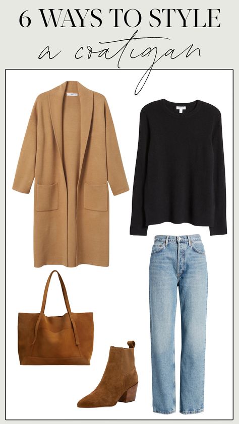 Trend Alert: Coatigans (And 6 Ways to Wear Them!) Long Cardigan Coat Outfit, Carmel Coat Outfit Winter, Camel Cardigan Outfit Winter, Jean Cardigan Outfit, Long Cardigan Styling, Coat Cardigan Outfit, Coatigan Outfit Fall, Brown Coatigan Outfit, Coatigan Outfit Winter