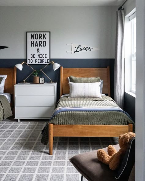 Boy Twin Beds, Room Decor With Bed In Corner, Navy Cream And Tan Bedroom, Split Color Bedroom Walls, Boys Lamps Bedrooms, Mirror Over Desk Bedrooms, Twin Bed For Boys Room, Boys Bedroom Lamp, Two Twin Beds In One Room Boys