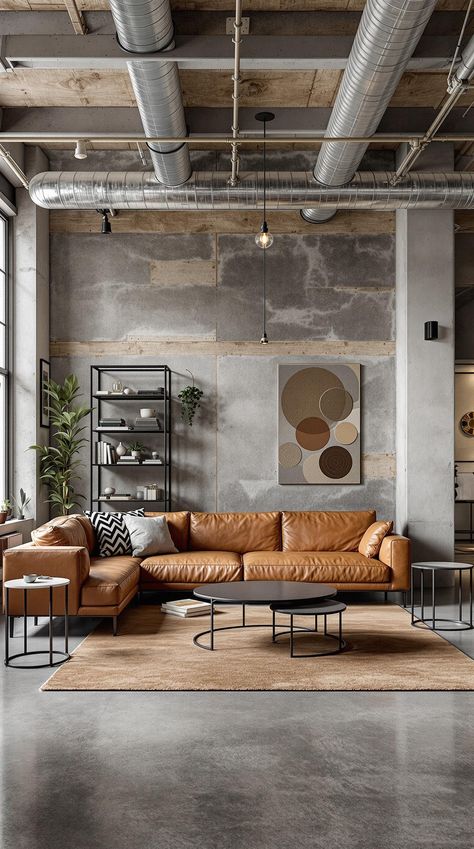 Industrial Farmhouse Living Room Farmhouse Living Room Simple, Industrial Chic Living Room, Industrial Living Room Ideas, Industrial Farmhouse Living Room, Industrial Chic Interior, Concrete And Brick, Industrial Style Living Room, Industrial Ideas, Industrial Chic Interior Design