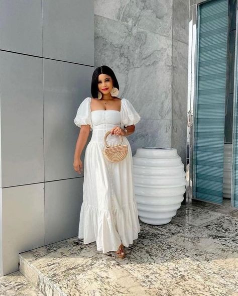 Evevee Collection on Instagram: “Dress still selling 💃💃💃” Rich Auntie Outfits, Auntie Outfits, White Sundress Long, White Dress Outfit Summer, Summer Dress Outfits Casual, White Prom Dress Long, Prom Dress White, Summer Casual Dress, Rich Auntie