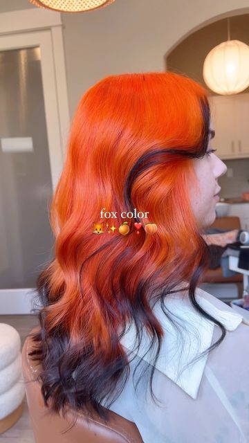 Ash 💌🧚‍♀️💗🌨🥡🍥 on Instagram‎: "NEON FOX HAIR 🍑🧡🍊🎃🥭  I have been getting all my warm tone girlies lately and it makes my heart so happy!  Brittany was turned down by three different stylists because her hair was too much for them to handle. I unfortunately am always drawn stressful things so of course I was brave enough to conquer her hair (•̀ᴗ•́)و  aaaand her hair ended up being so easy to work with! We were both pleasantly surprised 😋  I didn't get a before picture but previously we had installed a full head of red tape-in extensions with bright orange highlights, and when we took them out we were feeling BRIGHT. @pravana orange had us covered ( ˘ ³˘)♥︎  Brittanys hair was so neon orange it lowkey hurt to look at, but I am obsessed as always 😭  #atxhairsalon #newsalonaustin #h Neon Orange Hair Color, Orange Hair With Red Tips, Red And Orange Short Hair, Honey Blonde Red Hair, Fiery Orange Hair, Half Ginger Half Black Hair, Fox Color Hair Dye, Red Hair With Orange Highlights, Ginger Hair With Black Tips