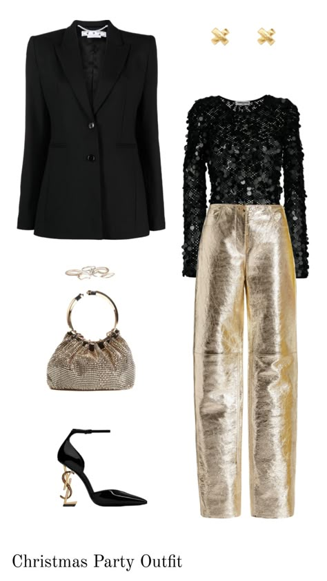 Christmas Party Outfit: golden pants with black blazer, black sequins sweater, black and gold accessories Black Golden Outfits, Black And Gold Pants Outfit, Black And Gold Outfits Women, Gold And Black Outfit, Black Gold Outfit, Black And Gold Outfit Casual, Gold Pants Outfit, Golden Outfit, Black And Gold Outfit