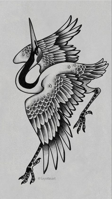 Crane Tattoo Design Ideas, Dark Animals Tattoo, Crane Wife Tattoo, Black Crane Tattoo, Japanese Traditional Crane Tattoo, Old Art Tattoo, Crane Tattoo Leg, Traditional Japanese Art Tattoo, Women’s Shoulder Tattoo Ideas