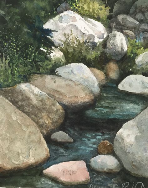 Mountain Rocks Art, Rocks In Paintings, Watercolor Painting Reference Photos, Watercolor Paintings Reference, Watercolor Rock Painting, Rocks In Water Painting, Watercolor Rocks And Water, Painting River Rocks, Watercolor Reference Photo Landscape