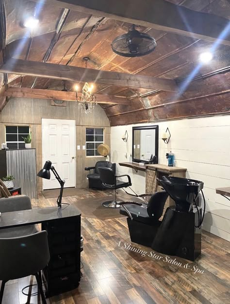 Industrial Hair Salon Ideas, Salon Suite Shampoo Area Ideas, Portable Building Hair Salon, Rustic Salon Suite Ideas, Small Shed Salon Ideas, Western Barber Shop, Shed Salon Ideas Backyard Studio, Salon Shed Backyard Studio, One Chair Salon