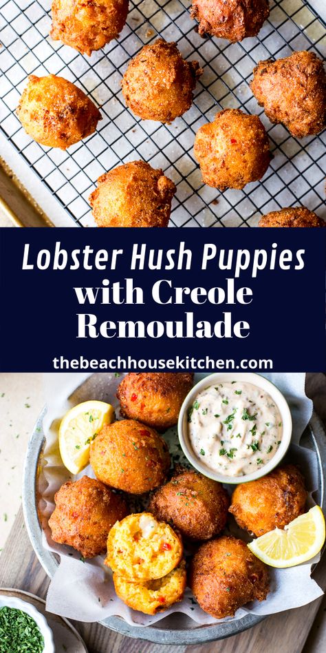 Crab Hush Puppies Recipe, Seafood Hush Puppies, Lobster Lollipops, Lobster Fritters, Lobster Appetizer Recipes, Fried Lobster Bites, Fried Seafood Platter, Lobster Appetizers, Fried Lobster Tail