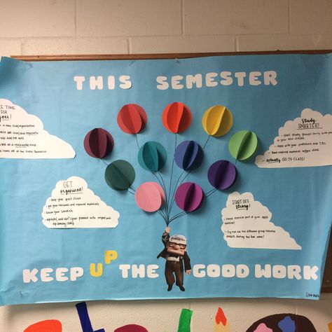 Fall Semester Bulletin Boards College, Back To School College Bulletin Boards, Cute School Bulletin Boards, Up Door Decs, Closing Bulletin Board Ra Summer, Form Board Ideas, Up Bulletin Board Ideas Disney, Dorm Bulletin Boards Resident Assistant, End Of Year Ra Bulletin Board