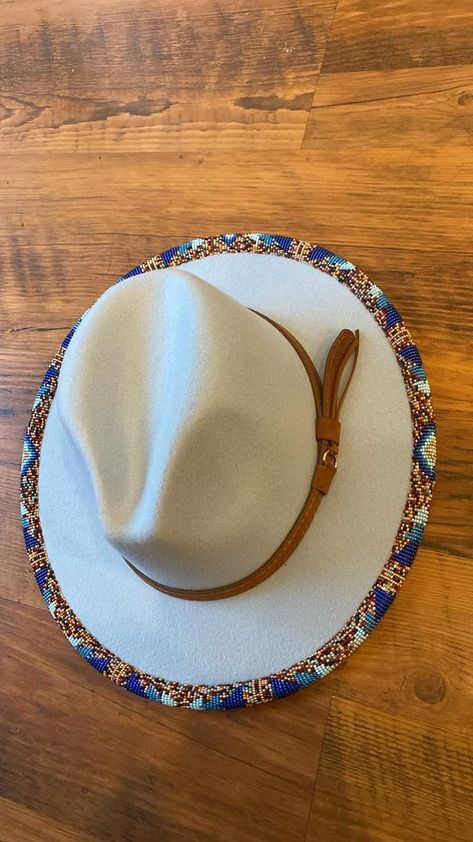 The Indigenous Bead Life | Baby blue Beaded Fedora  | Facebook Beaded Hats, Beaded Hat, Paypal Cash, Bead Weaving Patterns, Straw Hats, Beading Jewelry, Cash App, Weaving Patterns, Brim Hat