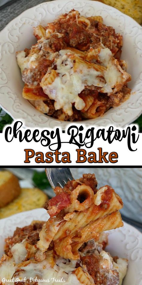 Cheesy Rigatoni Pasta Bake is an easy pasta bake that is loaded with Italian sausage, ricotta cheese, and mozzarella cheese. #easycasserole #casserolerecipe Rigatoni With Ricotta Cheese, Rigatoni Casserole, Cheesy Rigatoni, Rigatoni Pasta Bake, Pizza Pasta Bake Recipes, Rigatoni Bake, Easy Pasta Bake, Sausage Ricotta, Pizza Pasta Bake