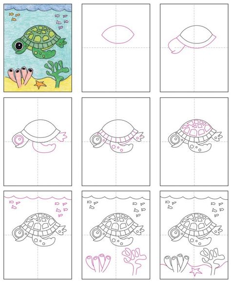 How to Draw a Turtle, 3 Easy Ways · Art Projects for Kids Draw A Sea Turtle, Draw Sea Animals, Animals Step By Step, Trin For Trin Tegning, Draw Sea, Sea Turtle Drawing, Classe D'art, Turtle Coloring Pages, Turtle Sea