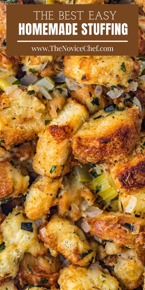 Crispy Texas toast cubes, fresh herbs, onion, and celery are baked with chicken broth to make perfect, golden homemade stuffing. Such an easy, yet delicious, Thanksgiving side dish! Croutons For Stuffing, Potatoe Stuffing Recipes Easy, Simple Easy Thanksgiving Recipes, Stuffing With Croutons Recipe, Texas Toast Stuffing, Homemade Croutons For Stuffing, Stuffing With Bread Cubes, Turkey Dressing Recipes Thanksgiving Homemade Stuffing, Crispy Stuffing Recipes