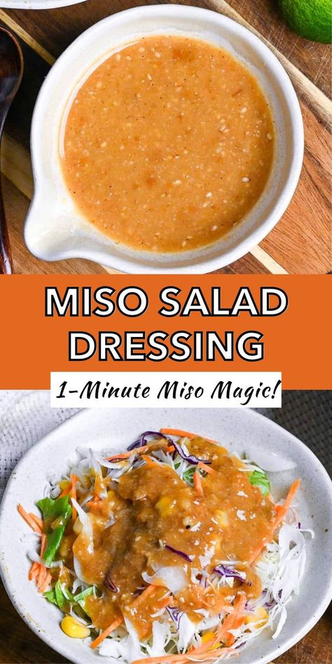 Homemade miso salad dressing recipe: orange dressing in bowl and on colorful vegetable slaw Korean Salad Dressing Recipe, Korean Salad Dressing, Japanese Salad Dressing Recipe, Japanese Salad Recipes, Miso Dressing Recipe, Miso Salad Dressing, Miso Salad, Japanese Salad Dressing, Homemade Miso