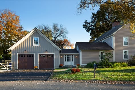 Historic Home Garage Addition, House Breezeway To Garage, Garage And Breezeway Addition, Adding A Breezeway And Garage, Garage With Mudroom To House, Farmhouse Garage Addition, Breezeway Between House And Garage, Mudroom Breezeway From Garage, Garage Breezeway To House