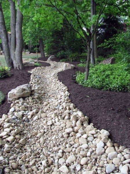 Rock Path, Landscape Drainage, River Rock Garden, Yard Drainage, Dry River, River Rock Landscaping, Rock Landscaping Ideas, Hardscape Design, Rock Landscaping