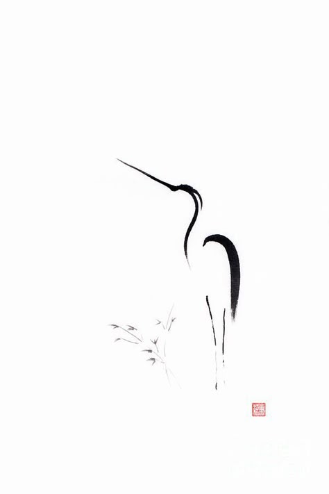 Japanese Art Simple, Zen Art Paintings, Bamboo Art Painting, Sumie Art, Heron Painting, Heron Tattoo, Crane Tattoo, Japanese Ink Painting, Heron Art