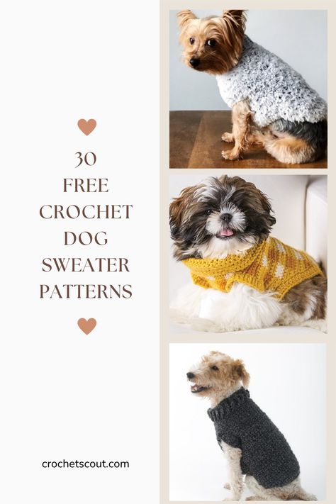 30 Best Crochet Dog Sweaters: All Free Patterns Free Dog Sweater Patterns, Free Crochet Dog Sweater, Crochet Dog Sweater Patterns, Dog Vest Pattern, Crochet Dog Sweaters, Crochet Dog Sweater Free Pattern, Pet Clothes Patterns, Knitting Patterns Free Dog, Large Dog Sweaters