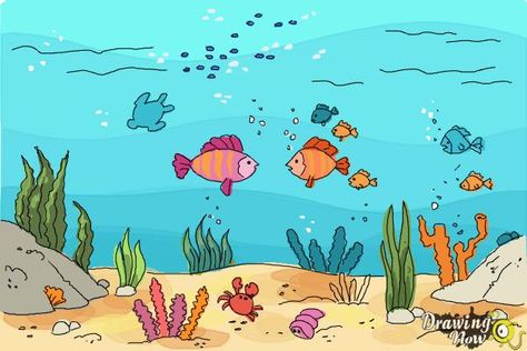 How to Draw an Underwater Scenehow to Draw an Underwater Scene - Step 10 Ocean Drawing Simple Underwater, Underwater Life Drawing, How To Draw Underwater, Underwater Drawing For Kids, Underwater Scene Drawing, Ocean Drawing Simple, Under Water Drawing, Still Life For Beginners, Drawing Video Tutorial