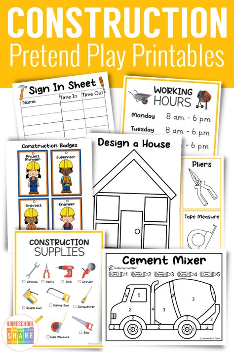 Construction Dramatic Play - Homeschool Share Building Dramatic Play Preschool, Construction Theme Dramatic Play, Construction Dramatic Play Printables, Construction Lesson Plans Preschool, Construction Preschool Activities, Dramatic Play Printables Free, Preschool Dramatic Play Center, Play Centre Ideas, Preschool Construction Theme