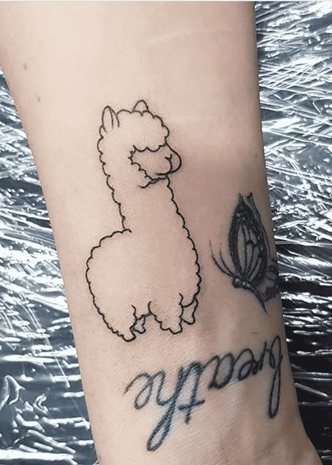 Llama Trampoline Tattoo, Simple Llama Tattoo, Silly Little Tattoos, Lama Tattoo, Alpaca Tattoo, Llama Tattoo, Sibling Tattoo Ideas, Cactus Tattoos, Cactus Tattoo