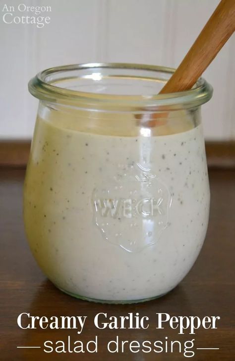 Made with olive oil, Greek yogurt, fresh garlic, and spices, this healthy homemade creamy garlic pepper salad dressing recipe puts store bought to shame. Plus, it's so easy it's ready in 5 minutes! #salad #dressing Fresh Salads Recipes, Creamy Salad Dressing Recipes, Creamy Greek Salad Dressing, Garlic Salad Dressing, Easy Homemade Salad Dressing, Creamy Salad, Pepper Salad, Creamy Salad Dressing, Salad Dressing Recipe