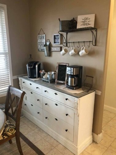 Coffee Station Buffet Table, Coffee Bar Ideas With Dresser, Coffee Bar Dresser Ideas, Coffee Dresser Bar, Coffee Bar On Buffet Table, Coffee Bar Dresser, Credenza Coffee Bar, Dresser Coffee Bar, Coffee Bar Out Of Dresser