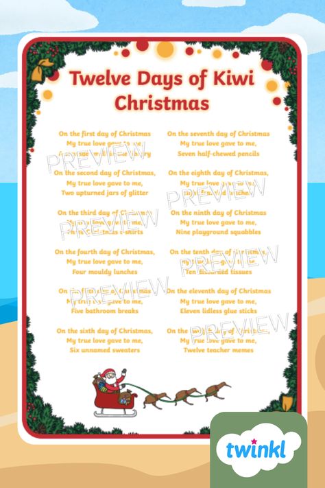 ECE and junior students will love this cute Christmas poem for kids!   Downloadable and printable, this poem will add colourful Christmas cheer to your classroom!  #teaching #classroom #teacher #ECE #Classroompoem #NewZealand #NZTeachers #Yr1 #Yr2 #MerryChristmas #ChristmasLearning #ChristmasActivities #Aotearoa #ScopeandSequence #TwinklNZ #TwinklNewZealand #KiwiChristmas #KiwiKids #KiwiChristmasPoem #KidsChristmasPoem Christmas Teaching Ideas, Christmas Poem For Kids, Poem For Kids, Kiwi Christmas, Christmas Poem, Christmas Learning, Colourful Christmas, Christmas Teaching, Classroom Teacher