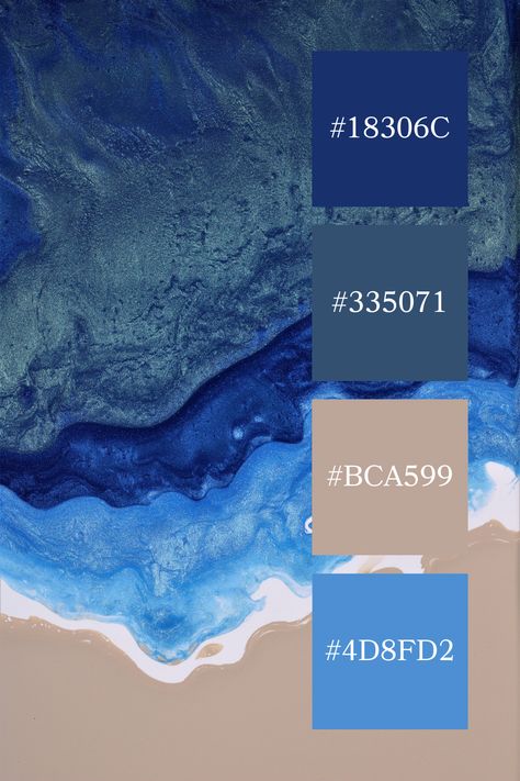 A dynamic blue ocean color palette with deep navy and vibrant blue waves blending into white foam, reminiscent of an aerial view of the ocean meeting the shore. Blue Complementary Color Palette, Sea Color Palette Ocean, Deep Ocean Color Palette, Blue Pallet Color, Ocean Blue Color Palette, Sea Colour Palette, Blue Branding Color Palette, 4 Color Combos, Deep Blue Color Palette