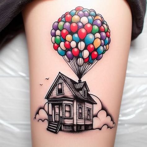 Up Disney Pixar Up Tattoo, Up Tattoos Disney, Disney Up Tattoo Ideas, Pixar Up Tattoo, Up House Tattoo Disney, Up House Tattoo, Up Movie Tattoo, Up Drawing, Up Tattoo Disney