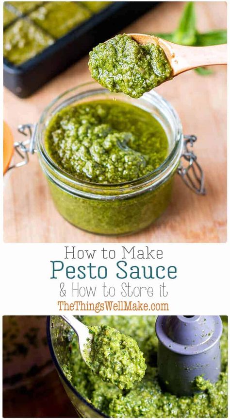 Our favorite no-cook sauce is easy to make and full of flavor. I'll show you how to make pesto sauce and how to store it. #thethingswellmake #miy #pesto #sauce #basil #saucerecipes #italianrecipes #italianfood #condiments #sauces #garlic #oliveoil #parmesan #fromscratch Canning Pesto, Pesto Sauce Recipe, Homemade Pesto Recipe, Make Pesto, Homemade Pesto Sauce, Basil Pesto Sauce, Lemon Pesto, Basil Pesto Recipes, How To Make Pesto