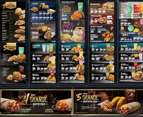 Photography Light Setup, Doritos Locos Tacos, Restaurant Menu Boards, Taco Bell Menu, Frozen Burritos, Taco Bake, Fast Food Menu, Tacos And Burritos, Taco Dip