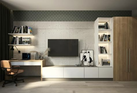 Tv Wall With Working Desk, Tv Study Room, Tv Wall With Desk, Tv Desk Living Room, Grey Interior Design, Tv Room Design, Desk In Living Room, Tv In Bedroom, Tv Wall Design