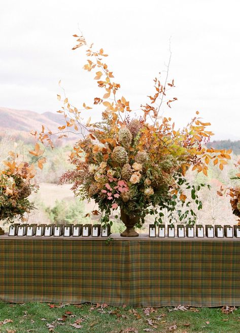 rebekah-christopher-wedding-tennessee-escort-card-table-103116875 Fall Foliage Centerpiece, Fall Wedding Hydrangea, Fall Foliage Arrangements, Fall Hydrangea Wedding, Quickfire Hydrangea, Fall Foliage Bouquet, Fall Branches, Fall Floral Centerpieces, Wedding Ideas Fall