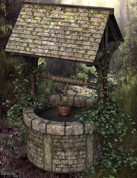 . Water Well Design Ideas, Wishing Well Garden, Stone Cottage, Water Well, Wishing Well, A Well, Outdoor Design, Decoration Design, In The Woods