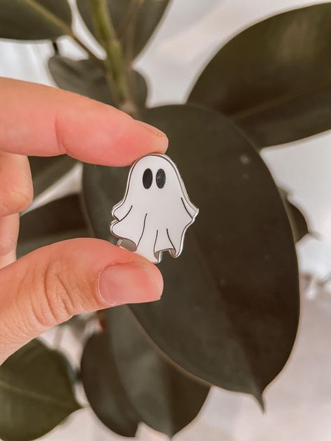 Ghost Enamel Pin, Future Backpack, Desk Buddies, Enamel Pin Design, Spooky Pins, Shifting Items, Ghost Pins, Personalized Wedding Stickers, Mtn Dew