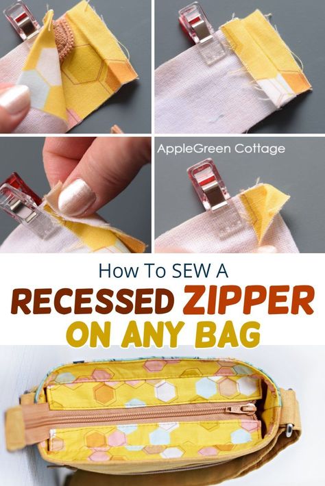 Bag Insert Pattern, Sewing A Zipper In A Bag, Diy Zipper Bags And Totes, Recessed Zipper Bag Tutorial, Sewing In A Zipper, Zippered Bags To Sew, How To Sew A Zipper On A Bag, Recessed Zipper Tote Bag Tutorial, How To Sew In A Zipper