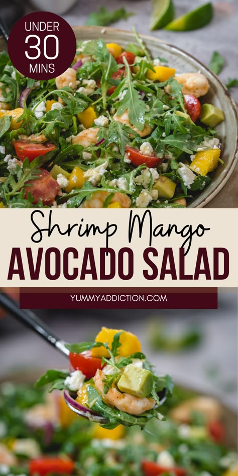 Shrimp Mango Avocado Salad Salad With Shrimp Healthy, Shrimp And Arugula Salad, Shrimp Mango Salad Recipes, Shrimp Mango Avocado Salad, Shrimp Feta Salad, Shrimp Arugula Salad, Shrimp And Avocado Salad Recipes, Shrimp And Mango Salad, Salad To Go With Fish