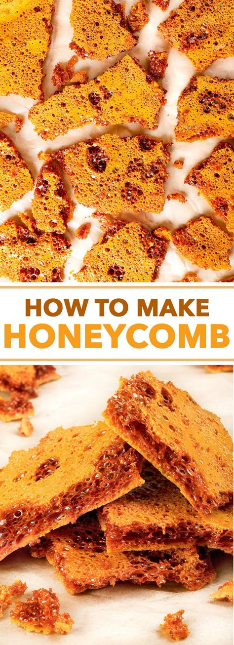 How To Make Homemade Honeycomb Candy - Ever wondered how to make honeycomb? Well, wonder no more – this quick and easy recipe for homemade honeycomb candy requires only 4 ingredients and 10 minutes! This delicious candy is gluten, dairy, egg, soy and nut free, and the recipe also has a vegan option. How To Make Honeycomb, Homemade Honeycomb, Honeycomb Recipe, Honeycomb Candy, Homemade Sweets, Homemade Candy, Homemade Candies, Köstliche Desserts, How To Make Homemade