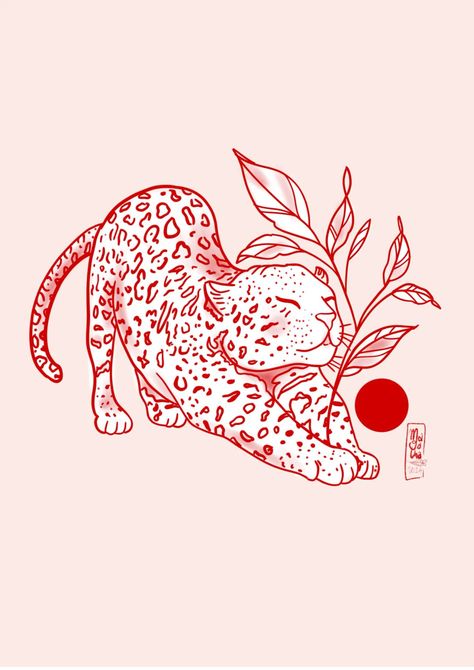 Red Animal Tattoo, Red Leopard Tattoo, Red Fineline Tattoo, Mixed Tattoo Styles, Feline Tattoo, Animal Design Tattoo, Jaguar Drawing, Jaguar Illustration, Jaguar Art