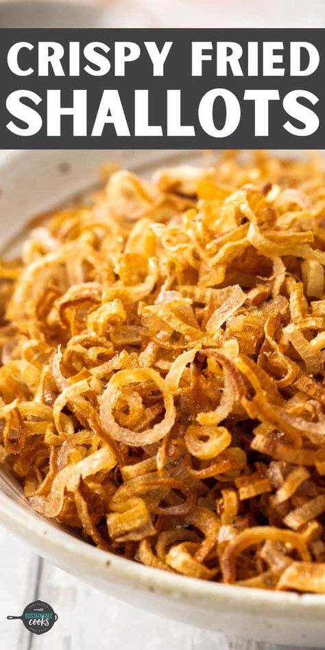 These crispy fried shallots are easy to make and incredibly tasty! You'll love these crispy shallots on casseroles, soups, vegetables, and proteins. Easy Super Bowl Recipes, Quick And Easy Vegetarian Recipes, Shallots Recipe, Shallot Recipes, Easy Super Bowl, Homemade Green Bean Casserole, Vegetarian Side Dish, Super Bowl Recipes, Crispy Shallots