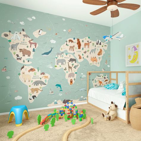 Playroom Wallpaper, Toddler Boy Room Decor, Map Wall Mural, Toddler Boy Room, Map Murals, Maps For Kids, World Map Wallpaper, Boy Room Decor, Toddler Bedroom