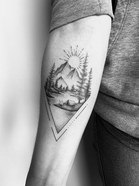 Nature Camping Tattoo, Campfire Mountain Tattoo, Shoulder Tattoos For Women Geometric, Tattoo Camping Nature, Mountain Camping Tattoo, Triangle Mountain Tattoo, Camping Tattoo For Women, Camping Tatoo, Mountain And River Tattoo