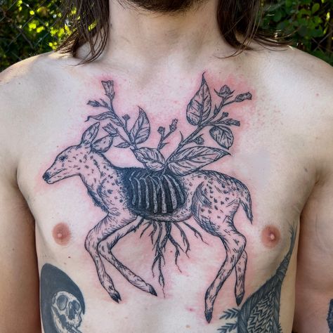 @ green666annie on instagram Dead deer tattoo chest piece Deer Stomach Tattoo, Decaying Deer Tattoo, Dead Deer Drawing, Roadkill Tattoo, Decaying Animal Tattoo, Deer Skull Chest Tattoo, Two Headed Deer Tattoo, Dead Animal Tattoo, Deer Chest Tattoo