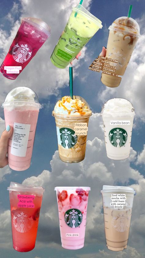 Starbucks Names Of Drinks, Starbucks Drinks Uk, Starbucks Drinks Names, Starbucks Food Breakfast, Starbucks Juice, Caramel Starbucks Drinks, Bebida Starbucks, Caramel Protein Shake, Summer Starbucks Drinks