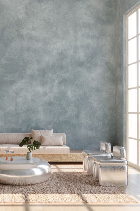 Soft Blue Interior, Texture Walls For Bedroom, Soft Texture Interior Design, Limewash Living Room Ideas, Navy Limewash Walls, Blue Limewash Bedroom, Living Room Limewash, Blue Lime Wash Wall, Line Wash Walls