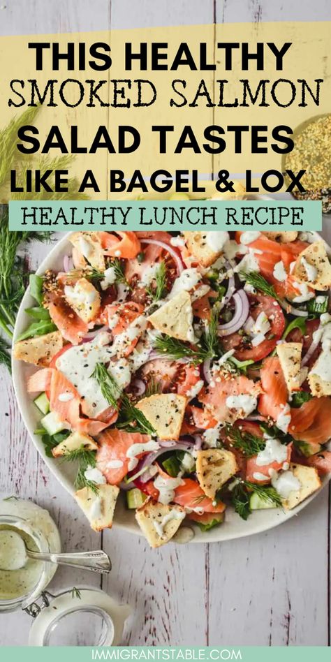 A platter of smoked salmon salad Smoked Salmon Cucumber Salad, Lox Salad, Cream Cheese Dressing, Smoked Salmon Salad Recipes, Lunch Rotation, Lox Bagel, Salmon Salad Recipe, Smoked Salmon Bagel, Smoked Salmon Salad